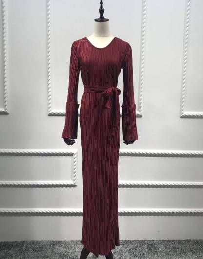 Women's Belt Pleated Robe Muslim Dress-xinru