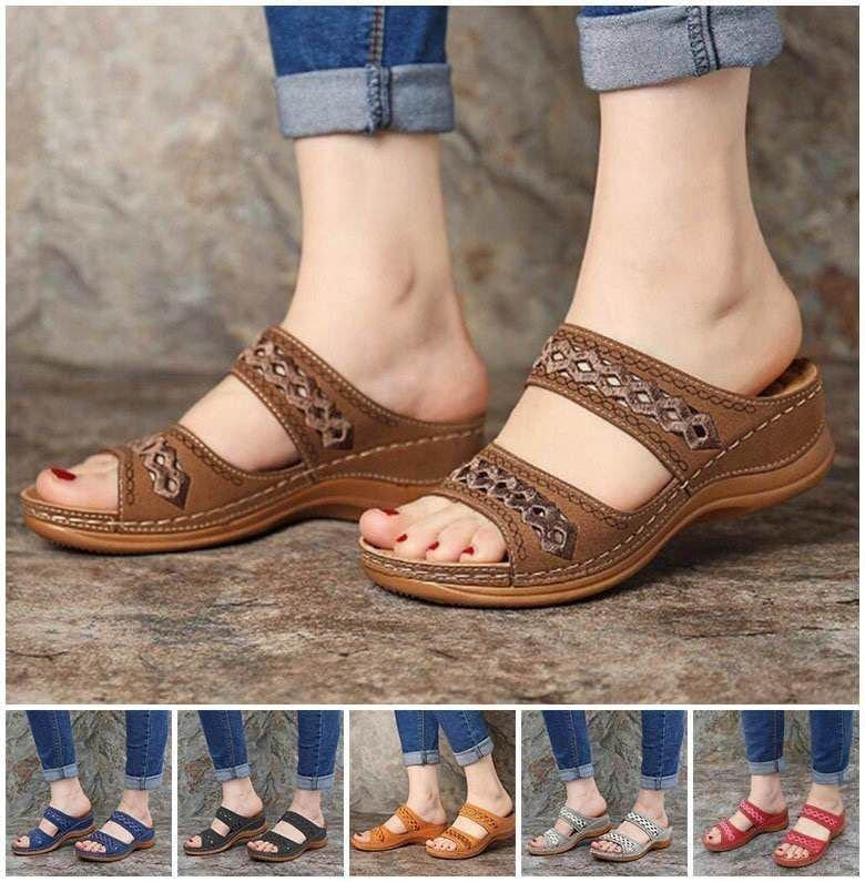 Premium Faux Leather Embroidery Women Slip-on Sandals Open Toe-xinru