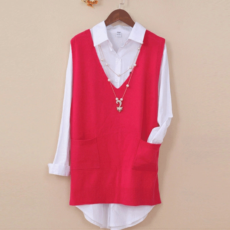 Mid-length Loose Sweater Vest Wool Bottom shirt V-neck Waistcoat-xinru