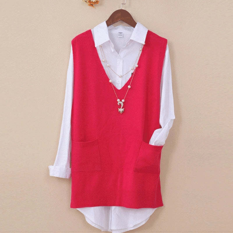 Mid-length Loose Sweater Vest Wool Bottom shirt V-neck Waistcoat-xinru