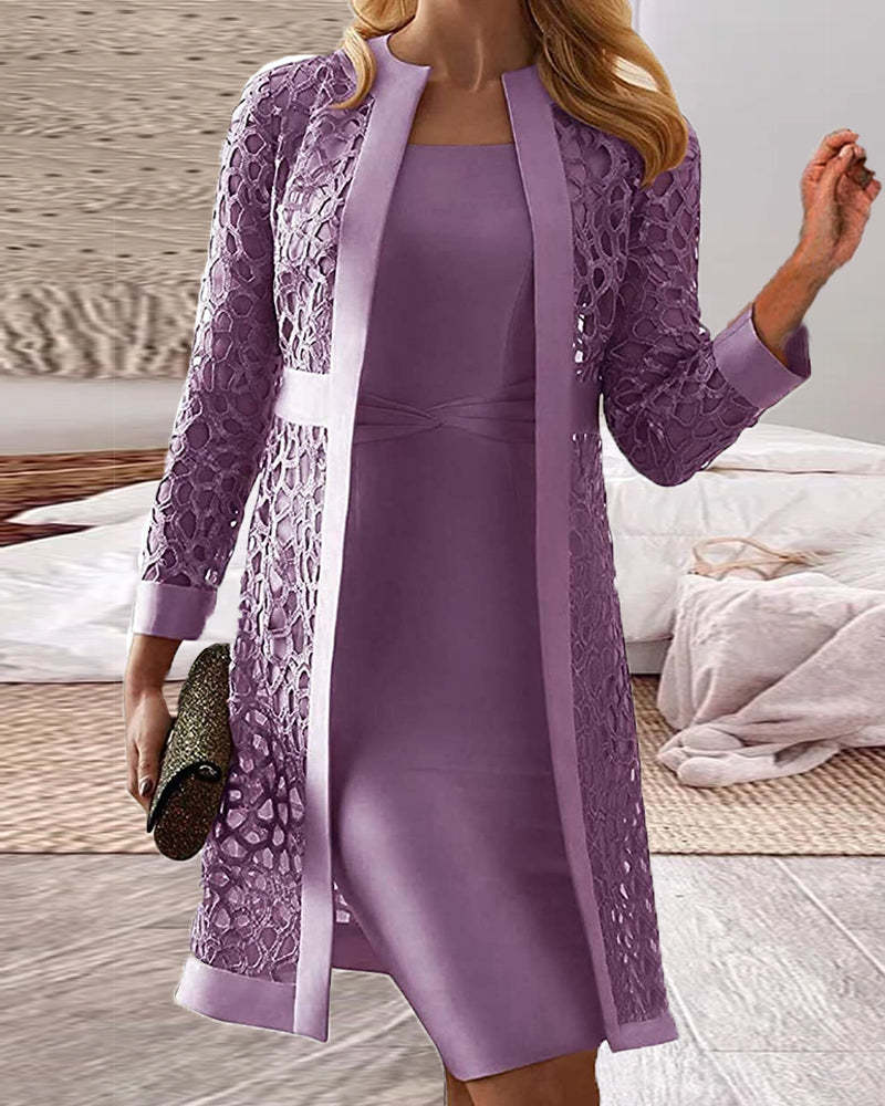 Women's Solid Color Casual Lace Cardigan Dress Two Piece Sets-xinru