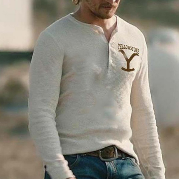 Yellowstone YS Letter Print Simple Men Buttoned V-neck National Park Tee-xinru shop