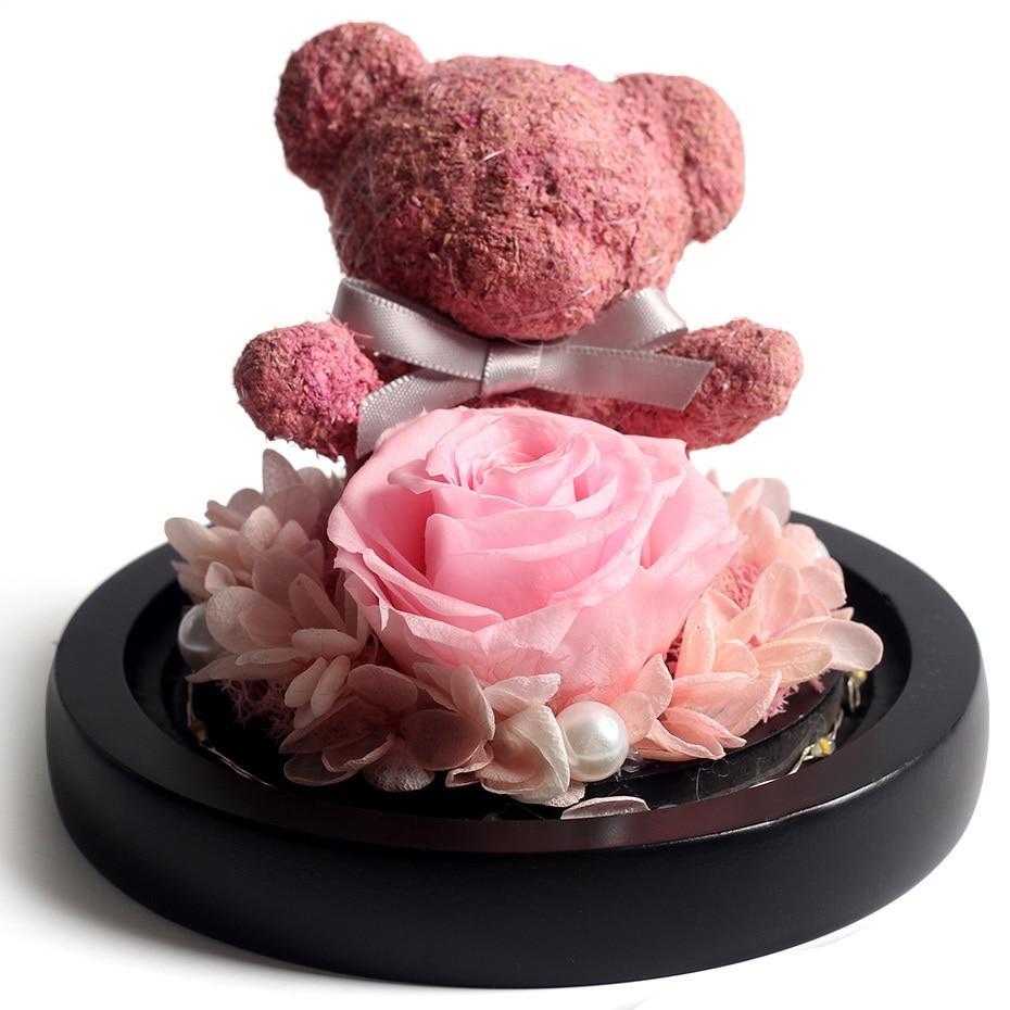 Immortal Preserved Rose Teddy Bear Glass LED Display-xinru