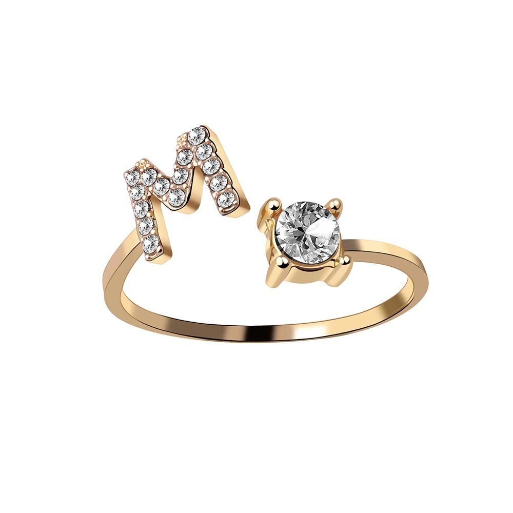 Golden Adjustable A-Z Personalized Initial Letter with Rhinestone Rings-xinru