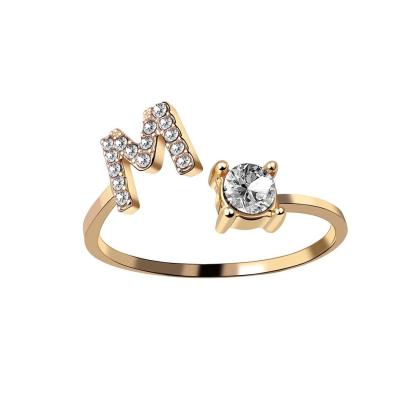 Golden Adjustable A-Z Personalized Initial Letter with Rhinestone Rings-xinru