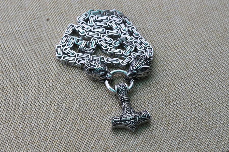 Stainless steel wolf head black king chain with black mjolnir-xinru