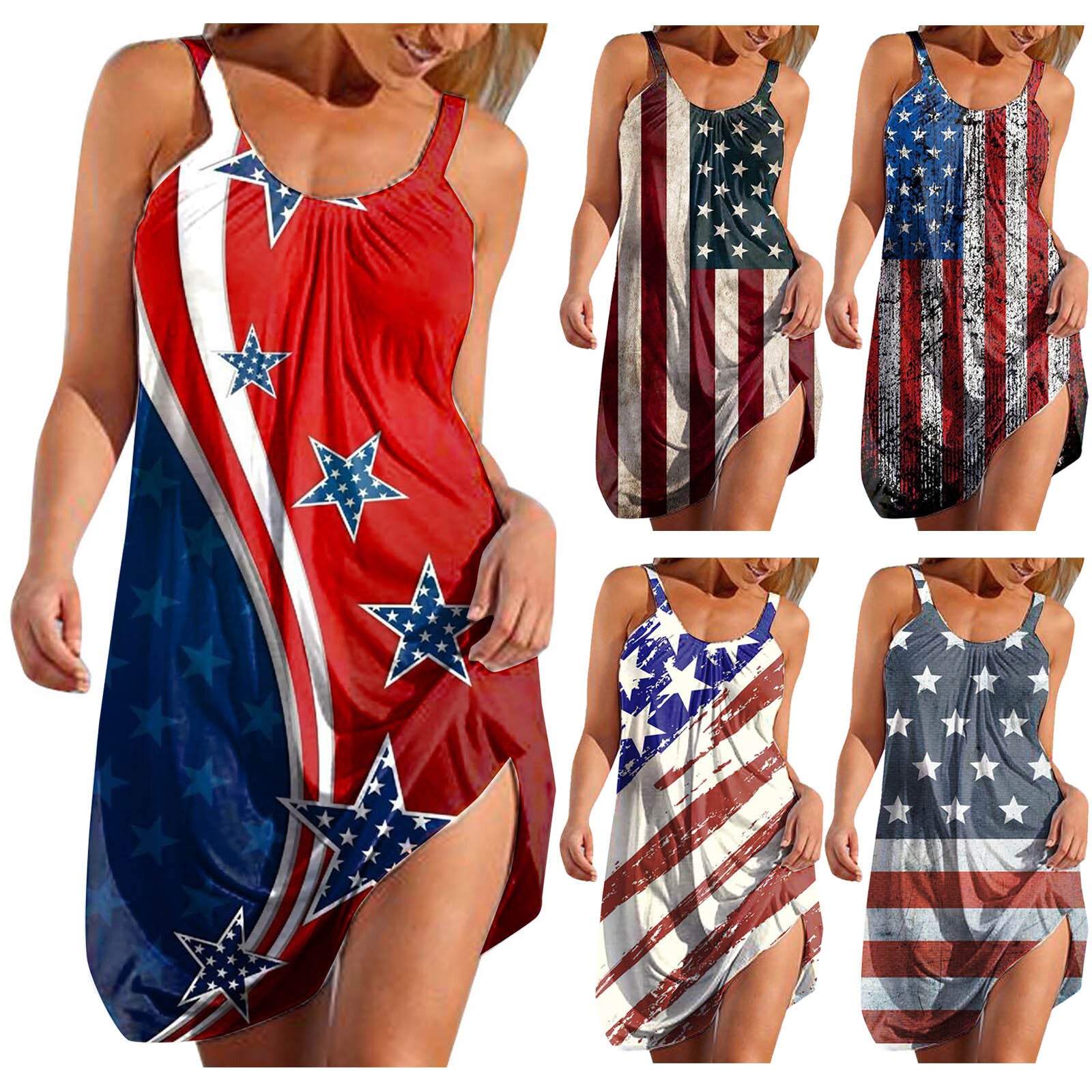 Womens American Flag Print Sundress Ladies Summer Beach Sleeveless Short Dress-xinru