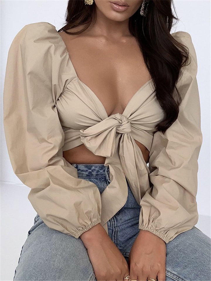 Women Sexy Fashion Lace-up Bow Crop Tops-xinru