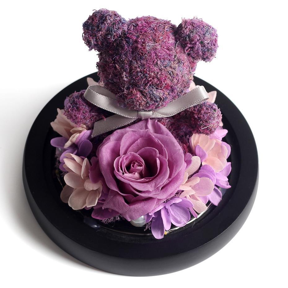 Immortal Preserved Rose Teddy Bear Glass LED Display-xinru
