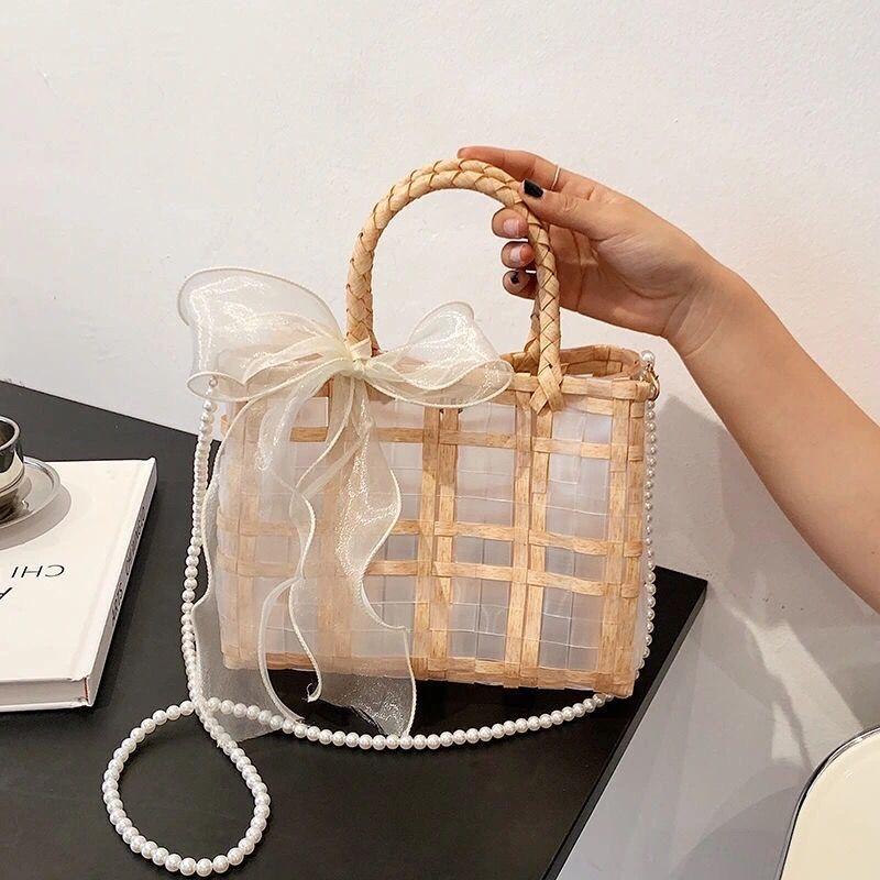 透明なわら織りのハンドバッグ-xinru shop