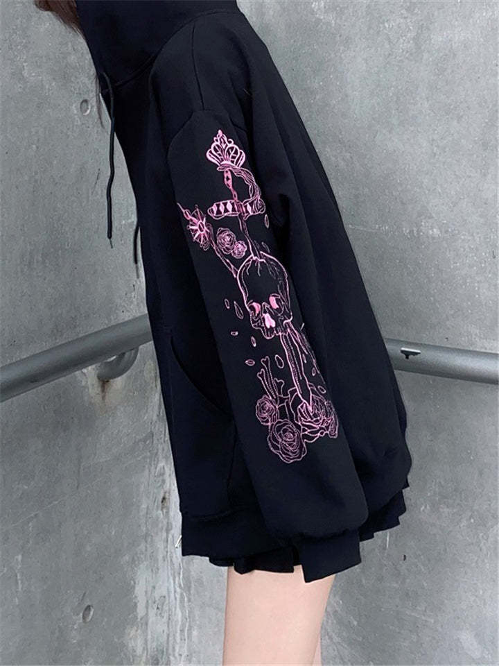 Women Loose Harajuku Gothic Zip Print Vintage Black Hoodie Streetwear-xinru