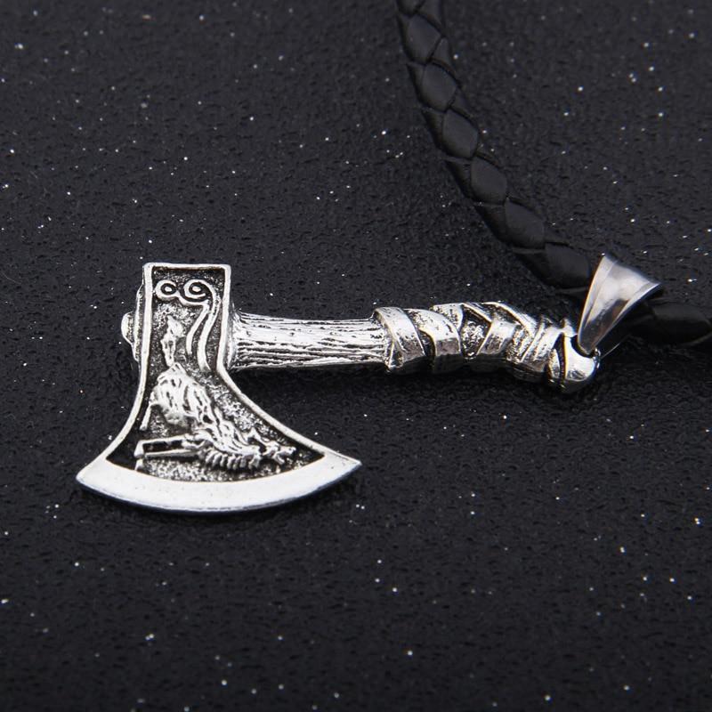 Mens Viking Wolf Raven Axe Pendant Necklace Stainless Steel Chain-xinru