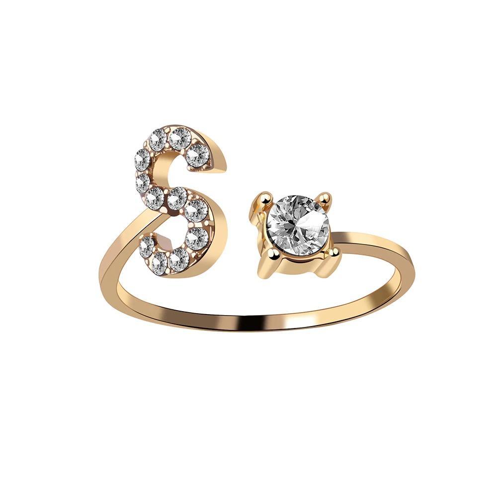 Golden Adjustable A-Z Personalized Initial Letter with Rhinestone Rings-xinru
