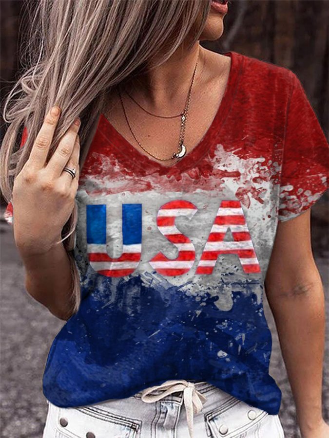 Women Independence Day Clothing Letter Contrast Print T-Shirt-xinru