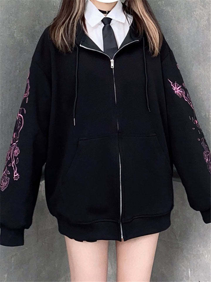 Women Loose Harajuku Gothic Zip Print Vintage Black Hoodie Streetwear-xinru
