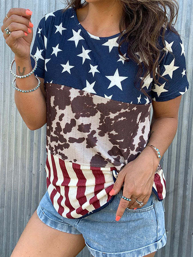 Womn American Flag Color Block T-Shirt independence Day Decor-xinru