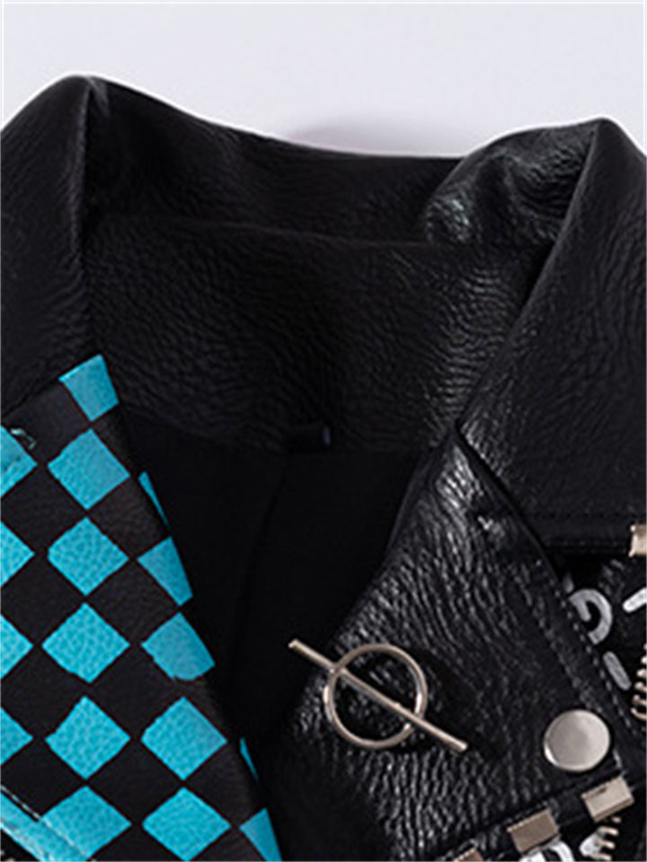 Cool Wanna Be Me Graffiti Cropped Leather Locomotive Jacket-xinru