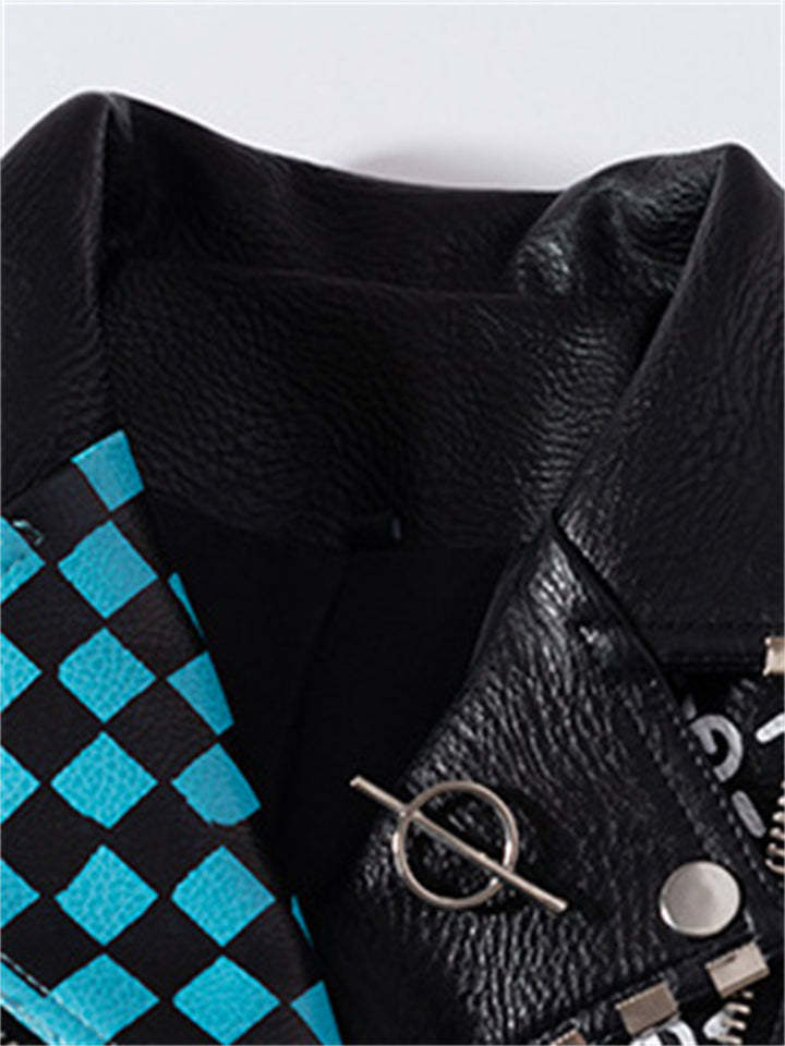 Cool Wanna Be Me Graffiti Cropped Leather Locomotive Jacket-xinru