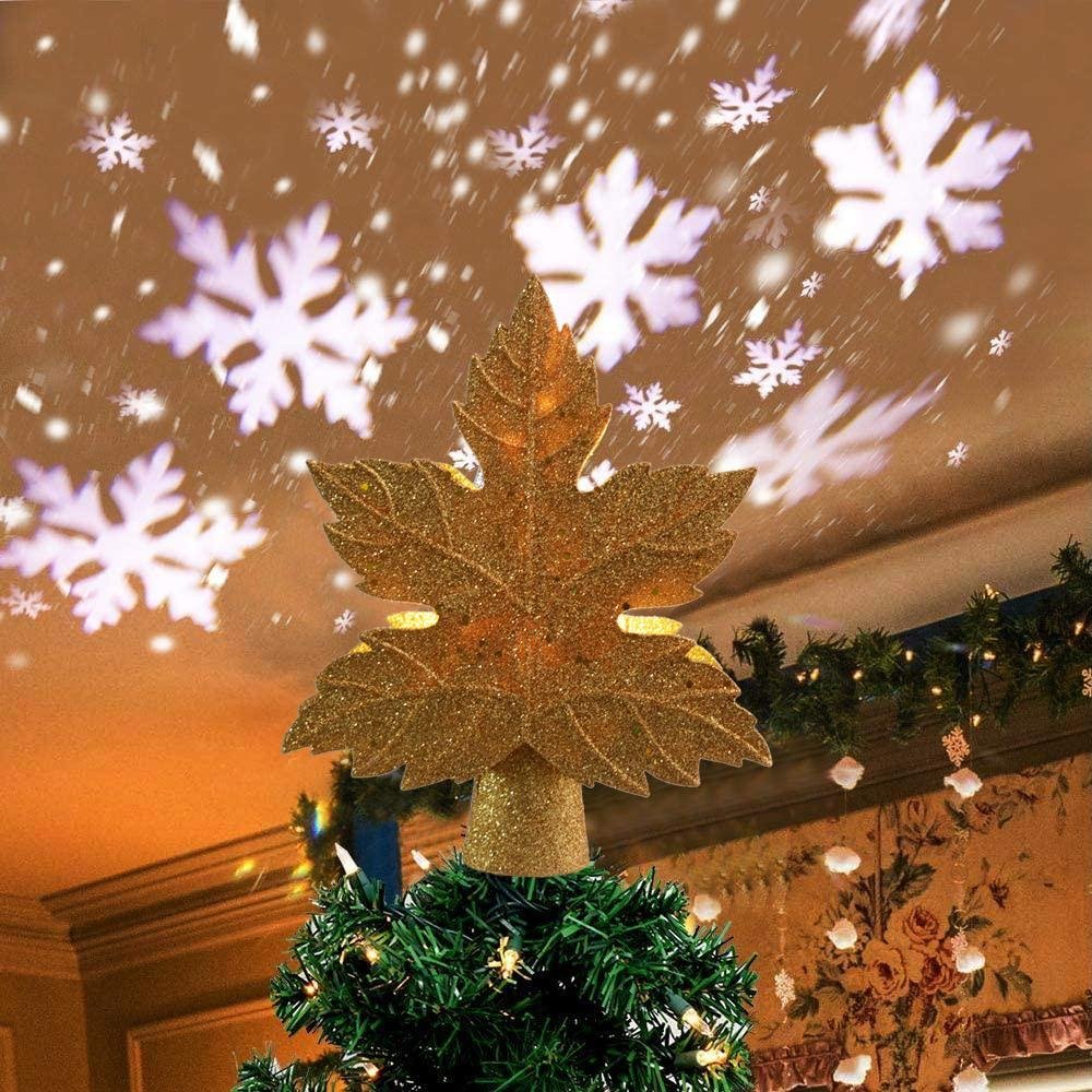 Leaf-shaped Christmas Tree Topper With LED Snowflake Projection-xinru shop