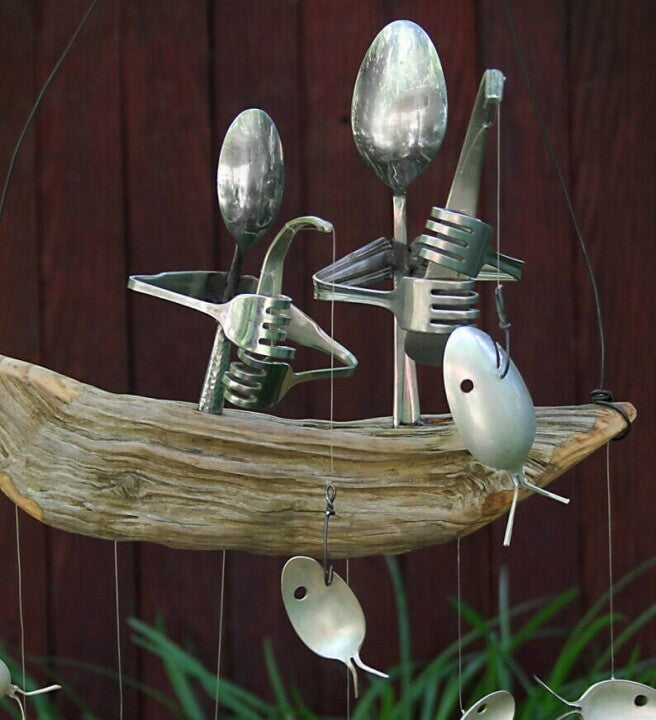 Fishing Man Spoon Fish Sculptures Wind Chime Indoor Outdoor Hanging-xinru