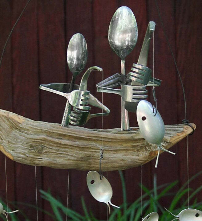 Fishing Man Spoon Fish Sculptures Wind Chime Indoor Outdoor Hanging-xinru