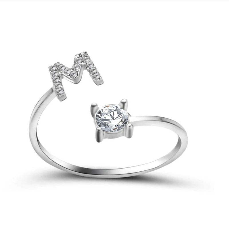 Golden Adjustable A-Z Personalized Initial Letter with Rhinestone Rings-xinru