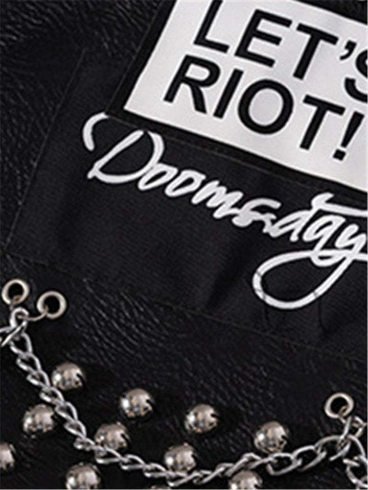 Women Locomotive Cool Punk Style Black Leather Jacket With Chains Rivets-xinru