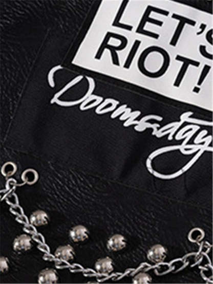 Women Locomotive Cool Punk Style Black Leather Jacket With Chains Rivets-xinru