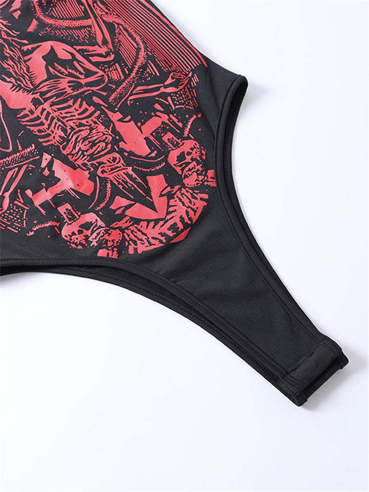 Women's Goth Punk Baphomet Dragon Print Backless Red Bodysuit-xinru