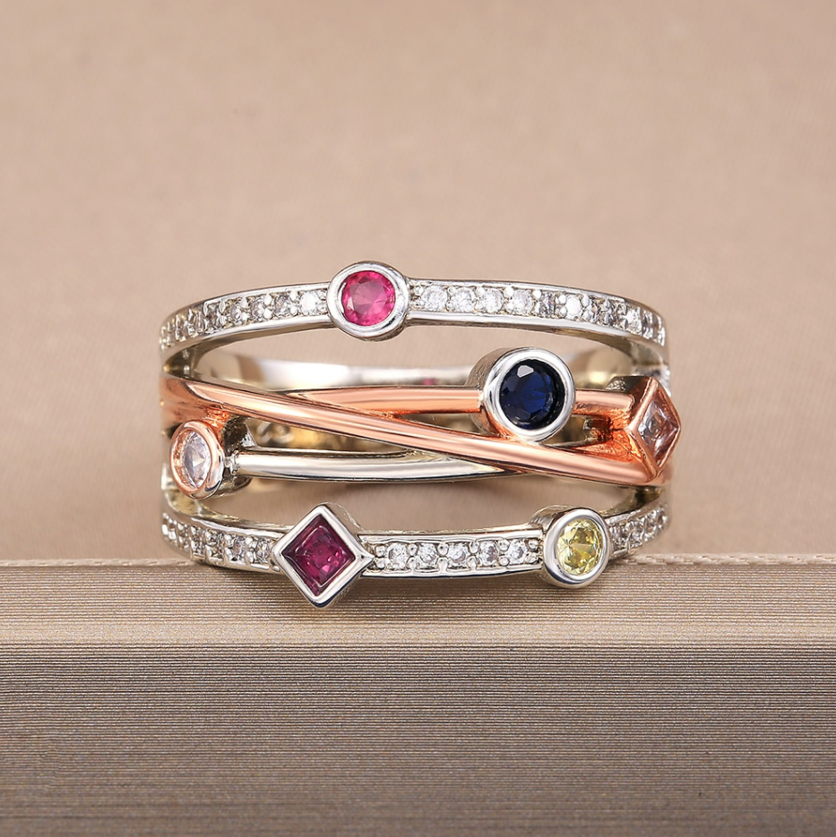 Colorful Multi-strand Cross Pattern Geometric Cubic Zirconia Rings-xinru