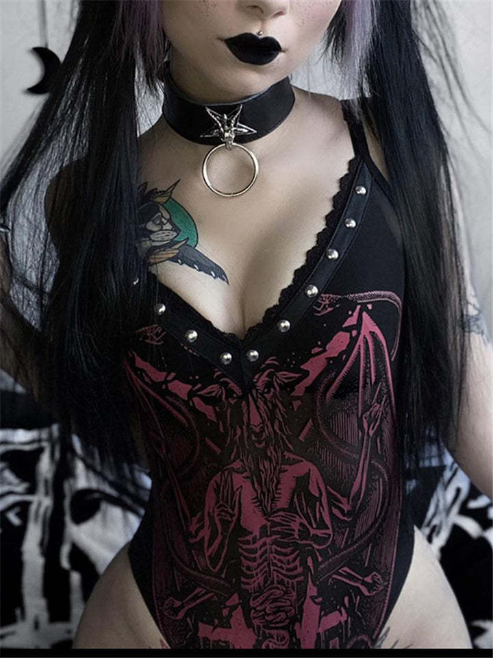 Women's Goth Punk Baphomet Dragon Print Backless Red Bodysuit-xinru