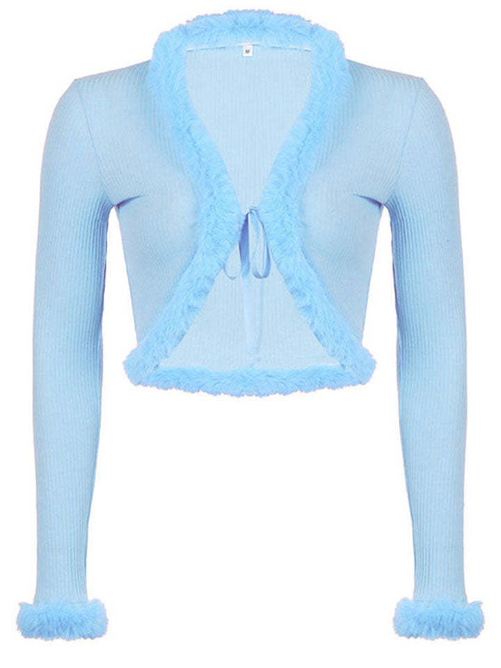 Women Sexy Ribbed Split Lace Up V Neck Feather Sleeve Shirt-xinru