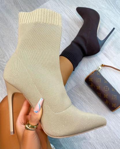 Pointy Toe High Heel Knit Stiletto Low Tube Ankle Martin Boots-xinru