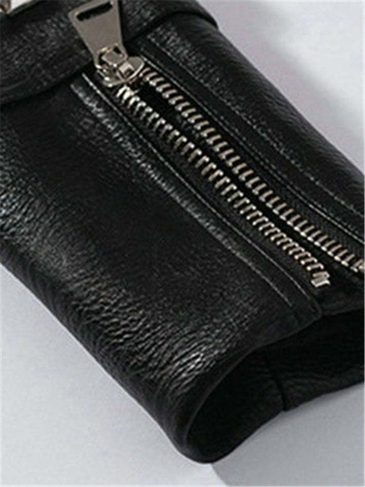 Women Locomotive Cool Punk Style Black Leather Jacket With Chains Rivets-xinru