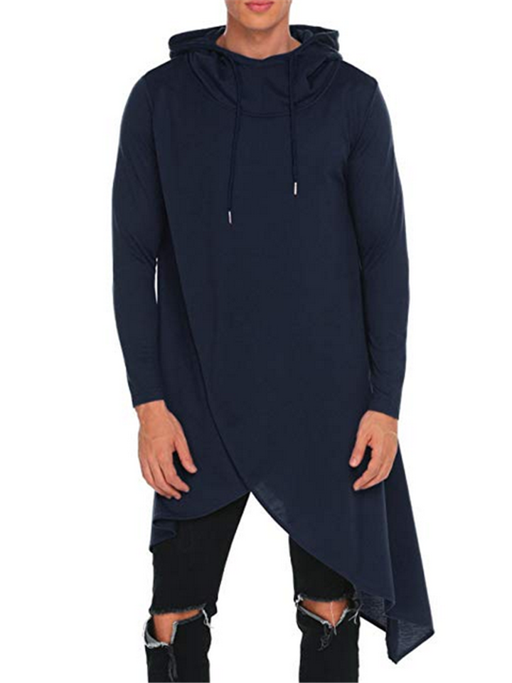 Men Casual Trendy Irregular Hem Design Solid Color Long Hoodies-xinru