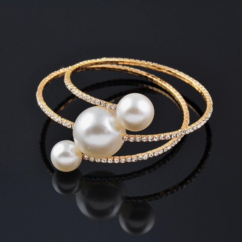 Multilayer Rhinestone Pearl Bangle Bracelet With Ring Set-xinru