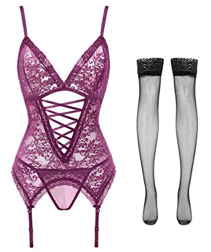 Anyou Womens Lingerie Stretchy Lace Teddy Plus Size Bodysuit Chemise Nightwear with Stockings Size S-XXXXL-xinru shop