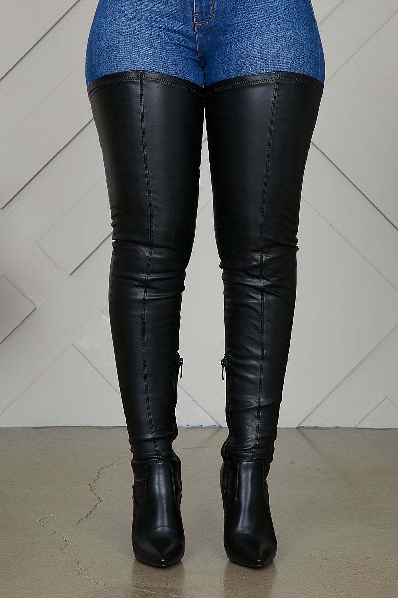 Thigh High Boots Stiletto Heels Plus Size Stretch PU Leather Boot-xinru