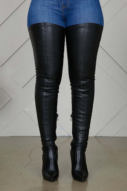 Thigh High Boots Stiletto Heels Plus Size Stretch PU Leather Boot-xinru