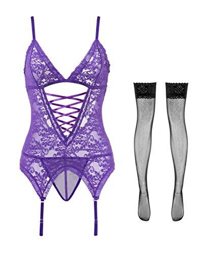 Anyou Womens Lingerie Stretchy Lace Teddy Plus Size Bodysuit Chemise Nightwear with Stockings Size S-XXXXL-xinru shop