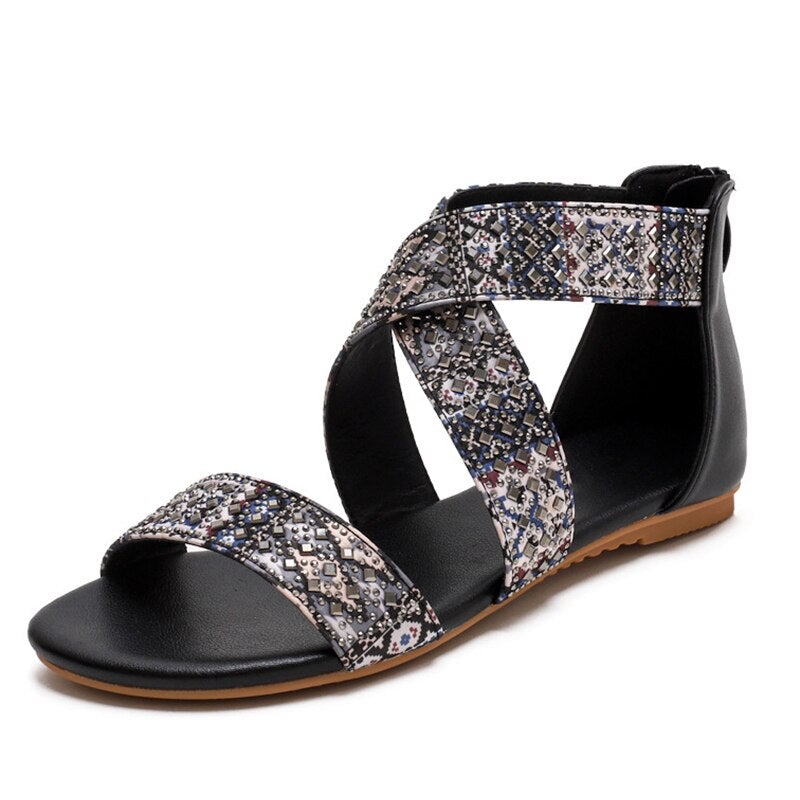 Women's Ethnic Floral Zipper Casual Flat Sandals 2022 Summer Clip Toe Retro Ladies Shoes-xinru