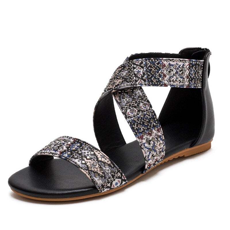 Women's Ethnic Floral Zipper Casual Flat Sandals 2022 Summer Clip Toe Retro Ladies Shoes-xinru