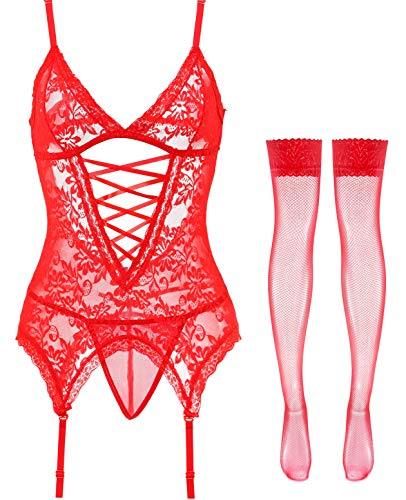 Anyou Womens Lingerie Stretchy Lace Teddy Plus Size Bodysuit Chemise Nightwear with Stockings Size S-XXXXL-xinru shop