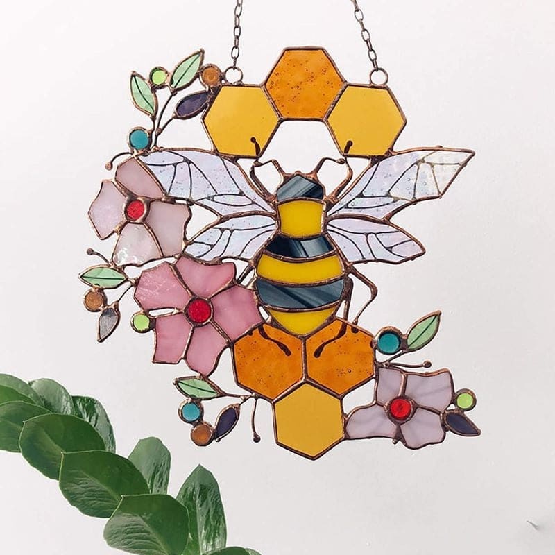 Honeycomb Stained Glass Window Bee Hanging Ornament Garden Decor-xinru