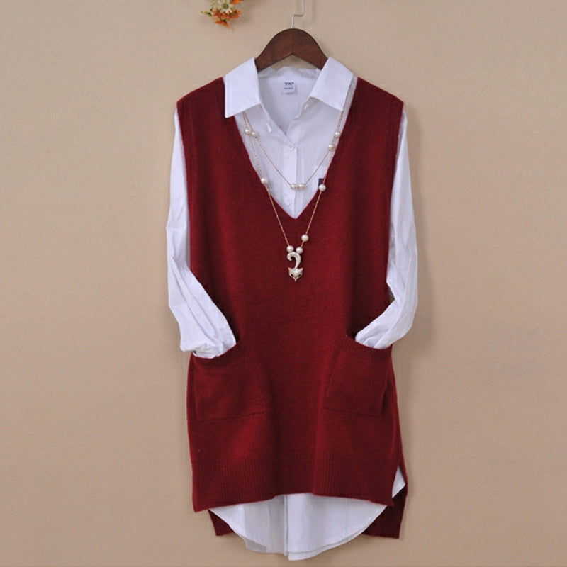 Mid-length Loose Sweater Vest Wool Bottom shirt V-neck Waistcoat-xinru