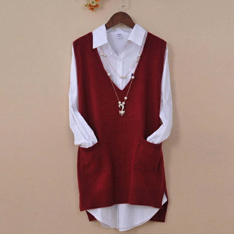 Mid-length Loose Sweater Vest Wool Bottom shirt V-neck Waistcoat-xinru