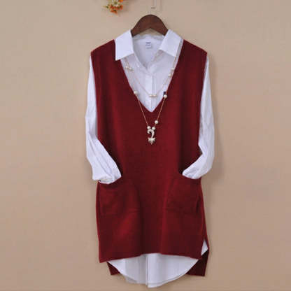 Mid-length Loose Sweater Vest Wool Bottom shirt V-neck Waistcoat-xinru