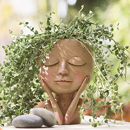 Face Flower Pot Head Planter Pot Succulent Planter Cute Resin Cactus Planter With Drainage Hole Closed Eyes-xinru shop
