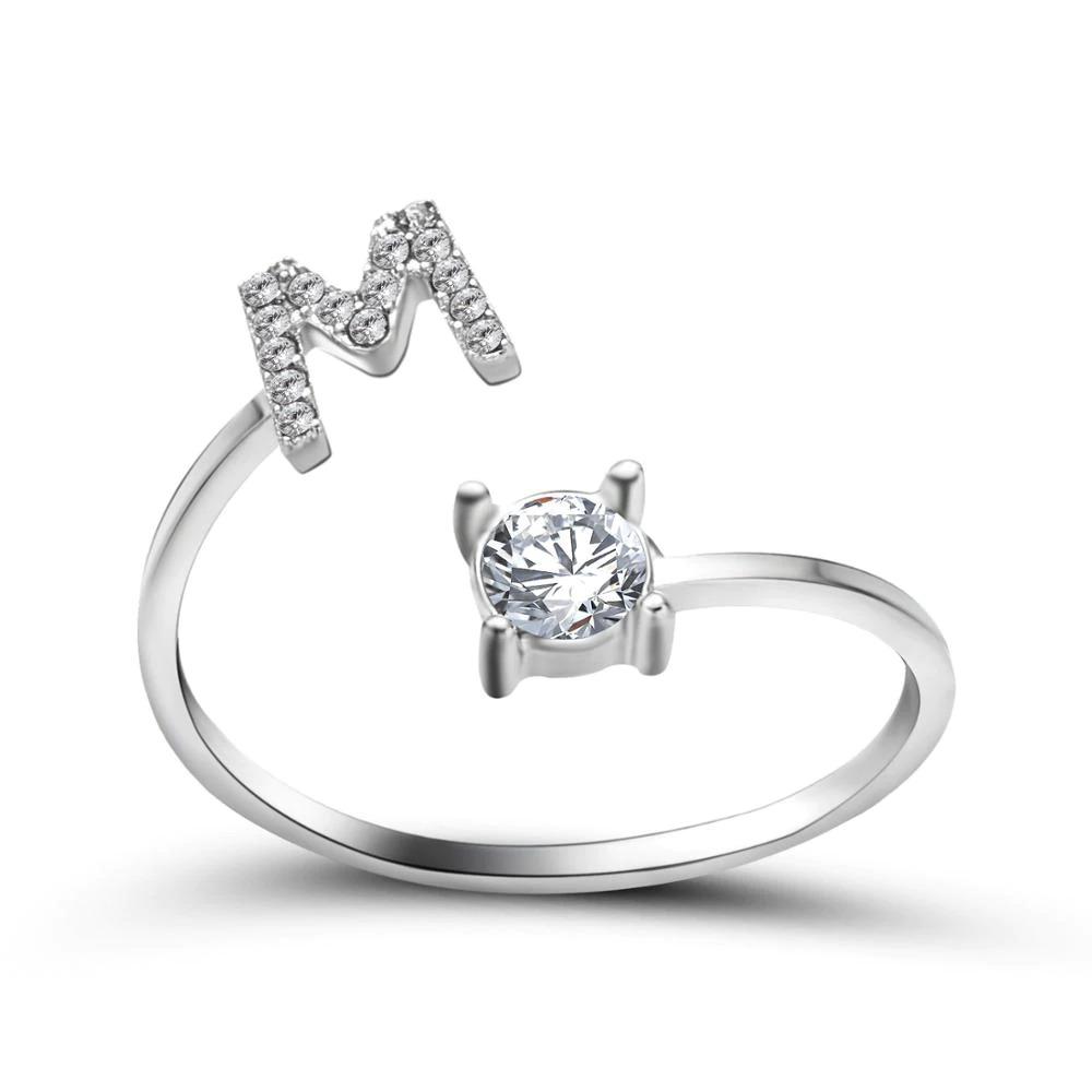 Adjustable A-Z Initial Letter With Rhinestone Personalized Ring-xinru