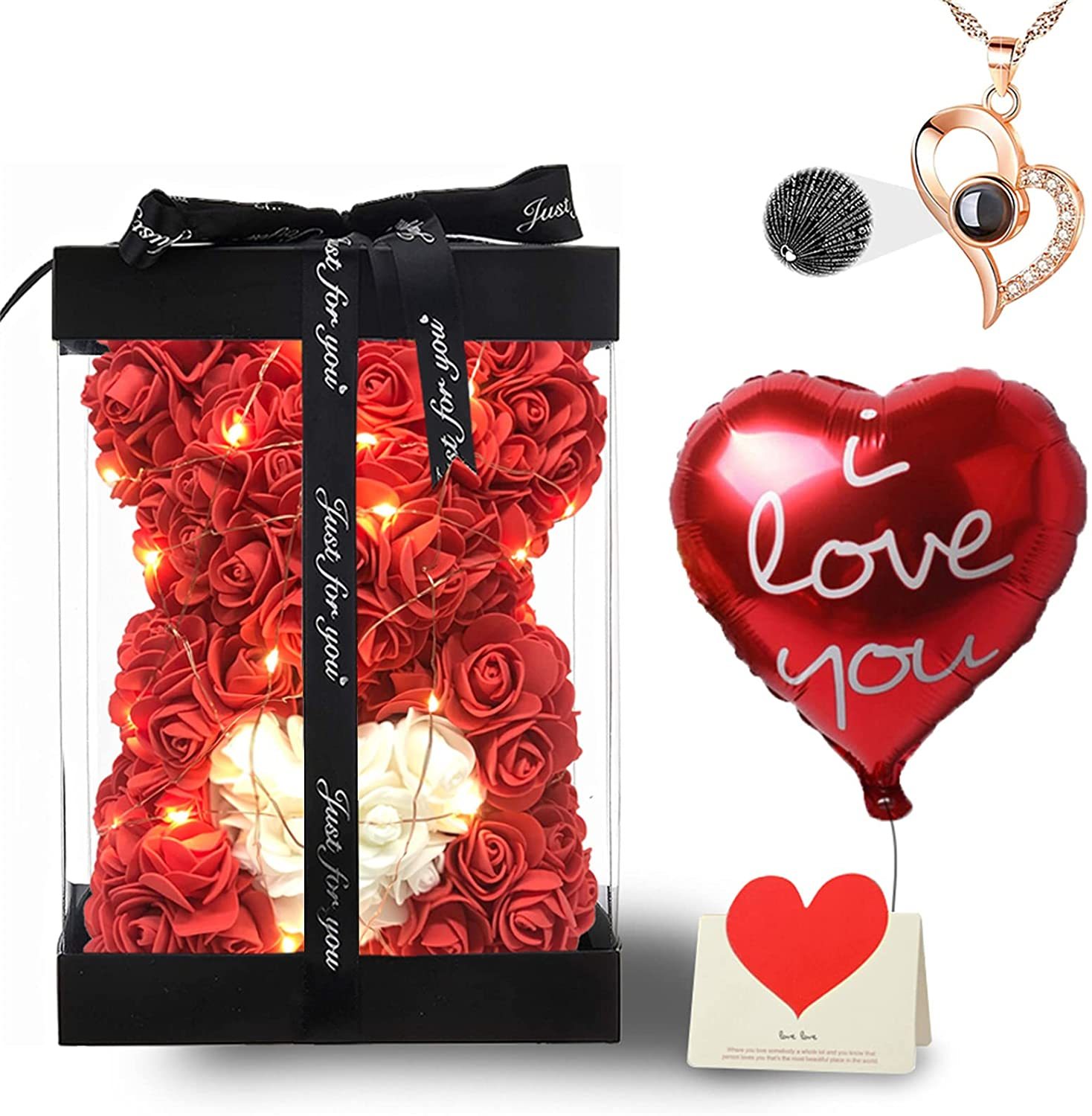 Mother's Day Gift Artificial Rose Teddy Bear Flower Bear With Box String Lights-xinru